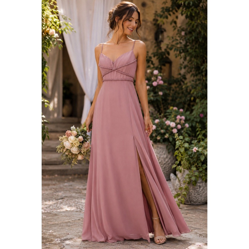 Azazie‎ Dusty Rose Braided Trim Maxi Dress A8 Formal Bridesmaid Wedding Guest